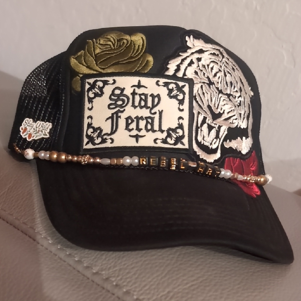 Black Trucker Hat with Embroidered Patches